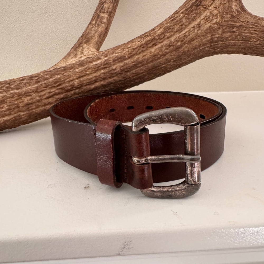Brown Leather Belt Distressed Brass Buckle Made in India 99303 Size 32 34